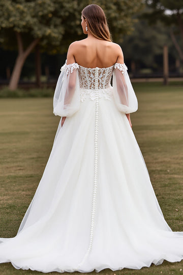 White Off the Shoulder Sweep Train Wedding Dress with Lace